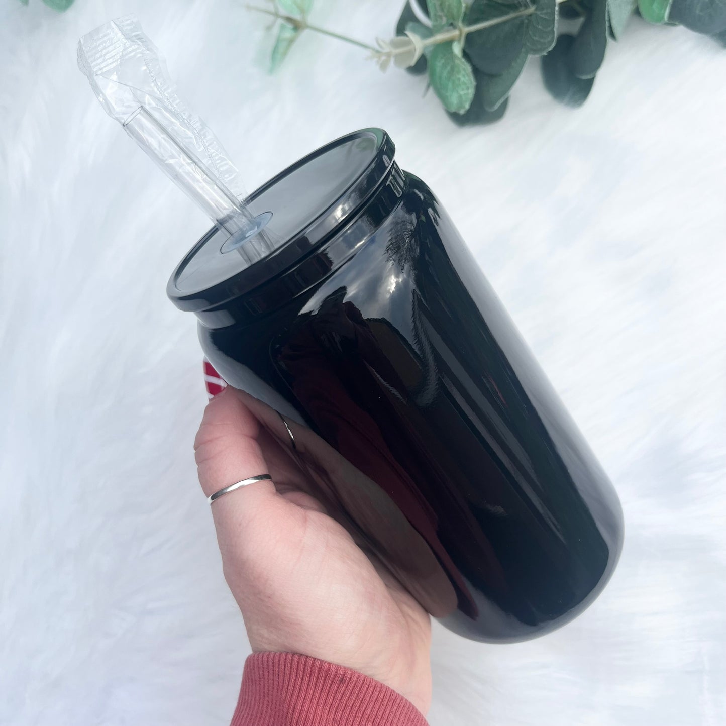 Black 16oz Glass Libbey Can With Matching Lid