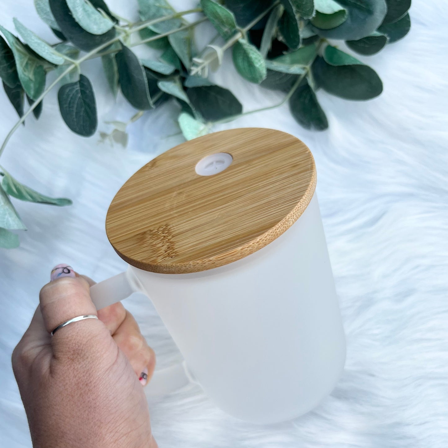 Frosted 17oz Sublimation Glass Can With Handle and Bamboo Lid