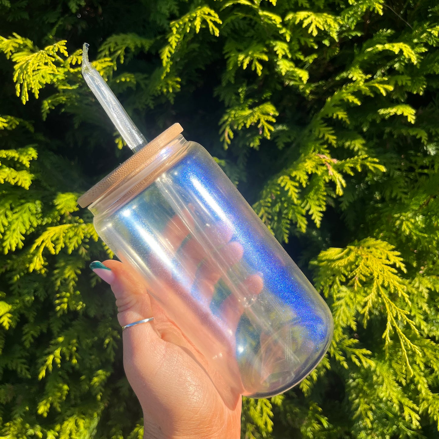 Iridescent 16oz Sublimation Glass Can With Bamboo Lid