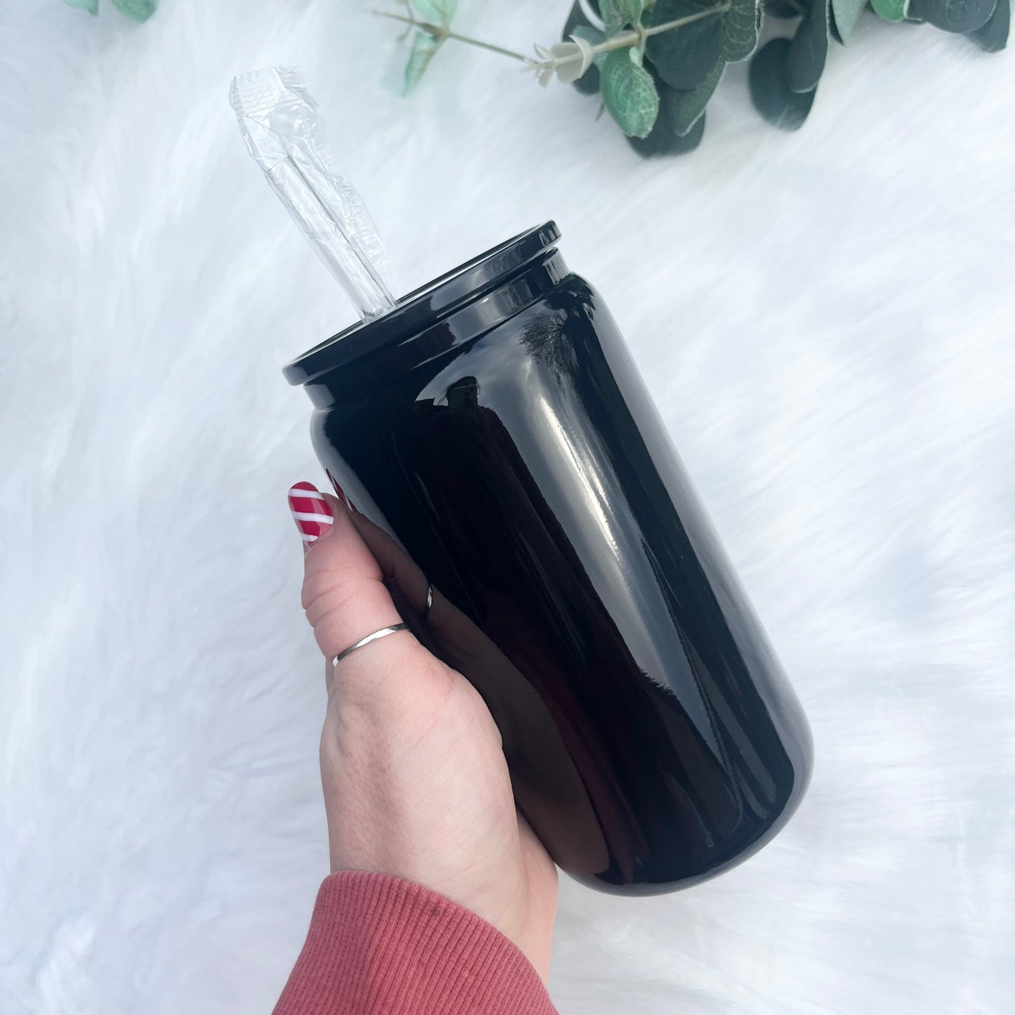 Black 16oz Glass Libbey Can With Matching Lid