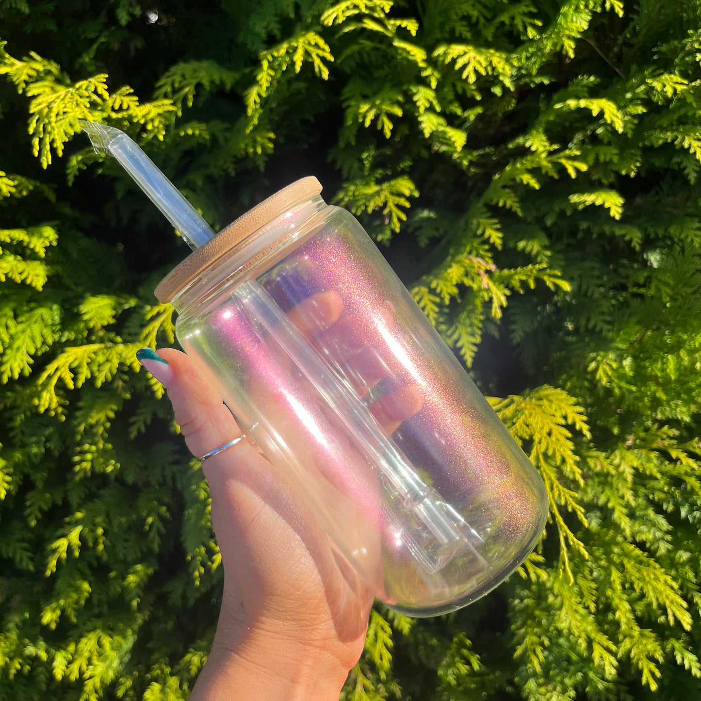 Iridescent 16oz Sublimation Glass Can With Bamboo Lid
