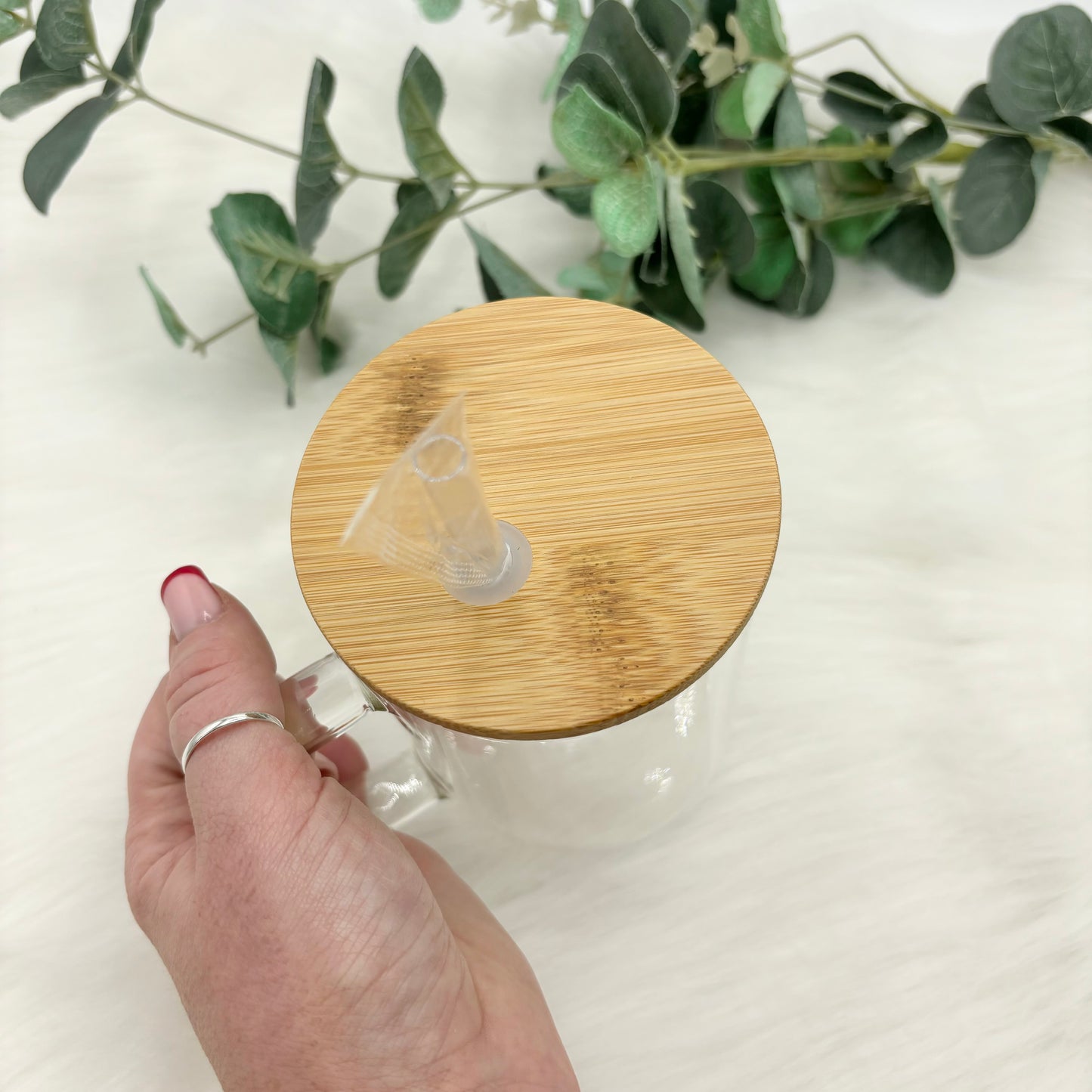 Clear 17oz Glass Can With Handle and Bamboo Lid