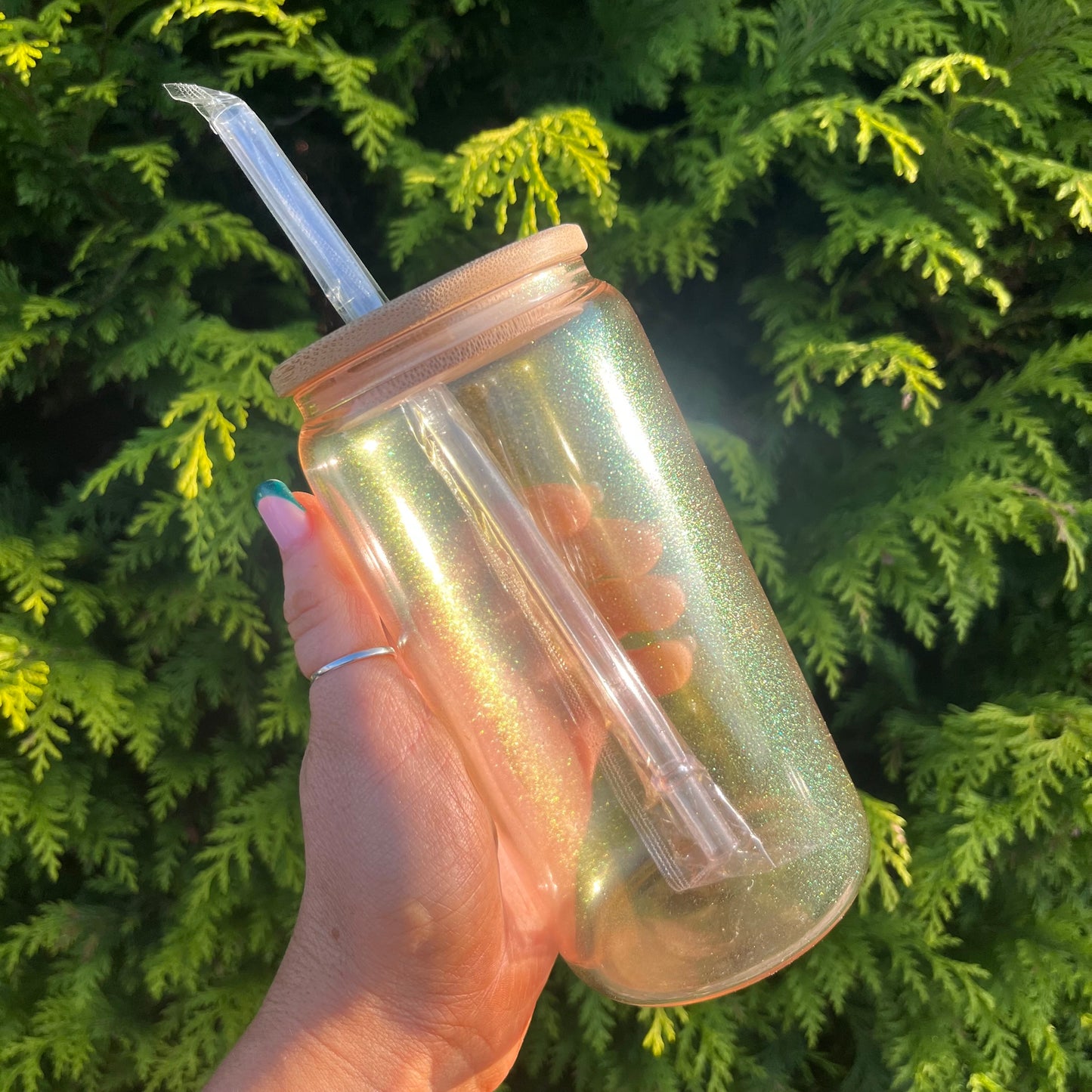 Iridescent 16oz Sublimation Glass Can With Bamboo Lid