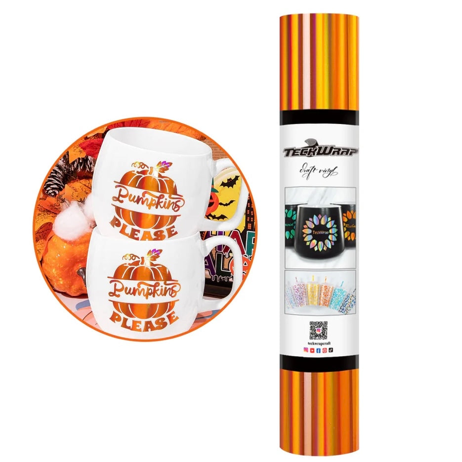 Teckwrap Pumpkin Orange Holographic Rainbow Bubble Free Craft Vinyl - 5ft