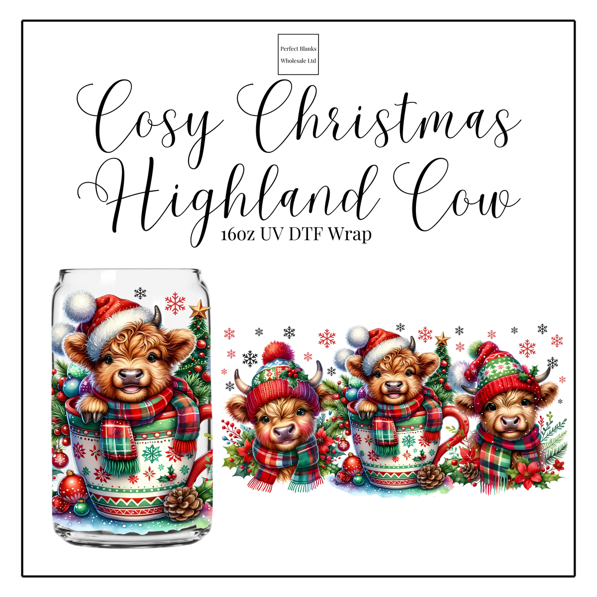 Cosy Christmas Highland Cow 16oz UVDTF