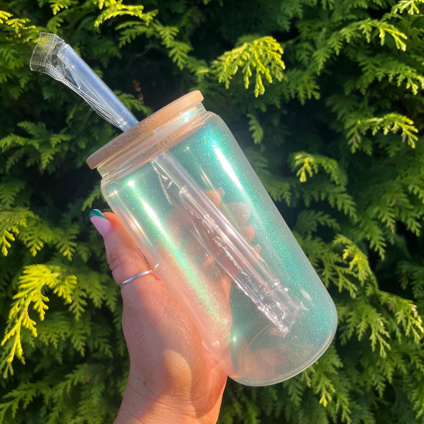 Iridescent 16oz Sublimation Glass Can With Bamboo Lid