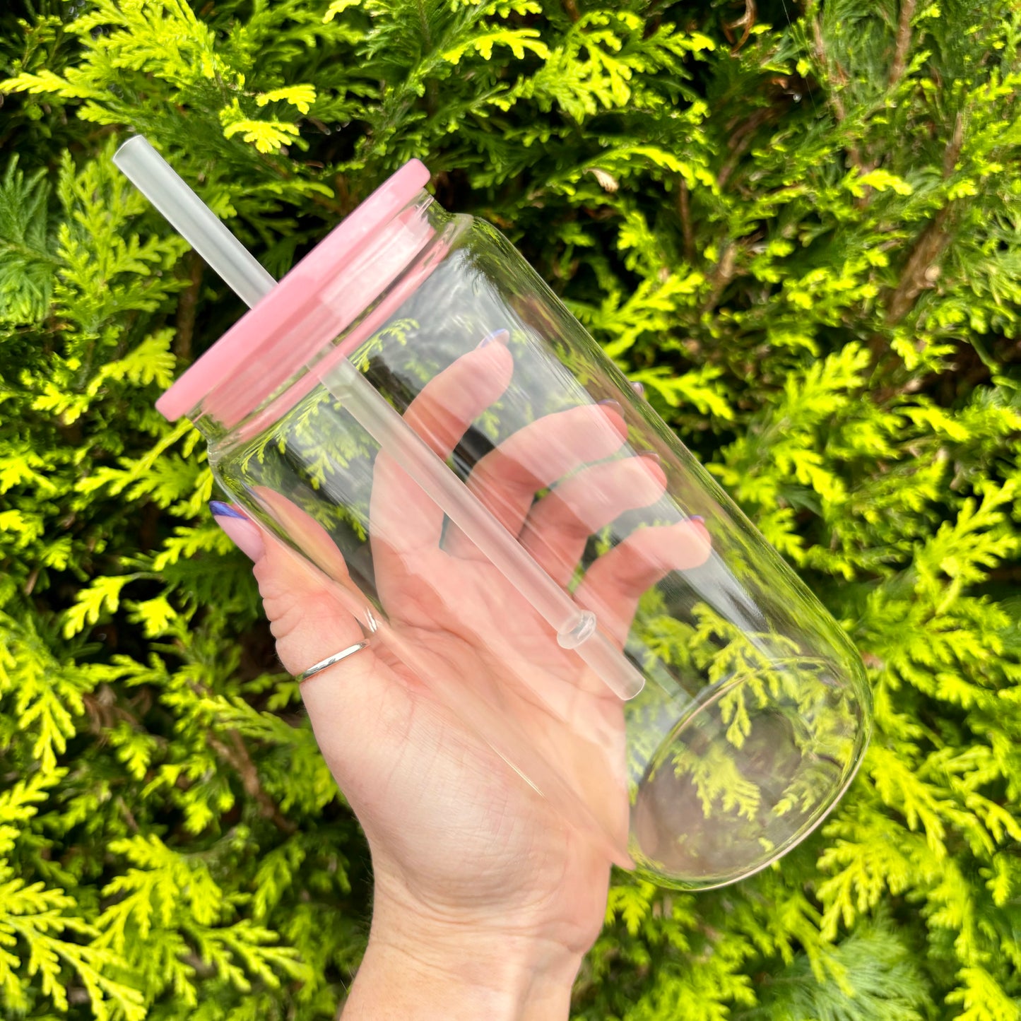 Glass 16oz Libby Can With Baby Pink Acrylic Lid