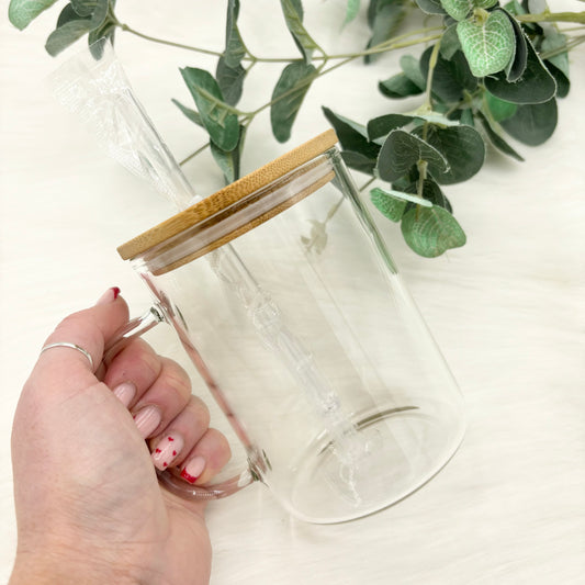 Clear 17oz Glass Can With Handle and Bamboo Lid