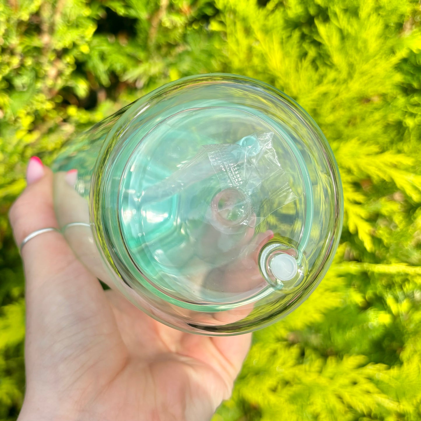 15oz Double Walled Glass Snowglobe with Green Acrylic Lid