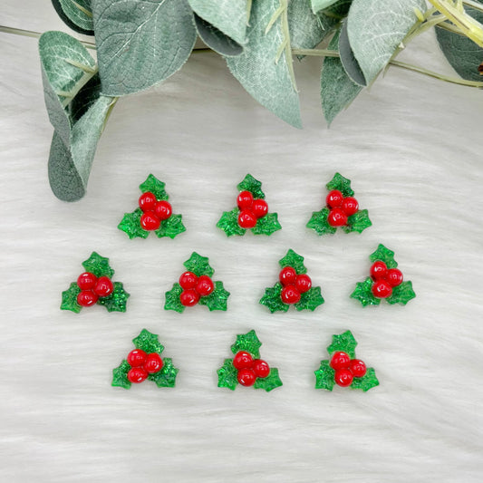 Sparkly Christmas Holly - 10 Pack of Cabochons