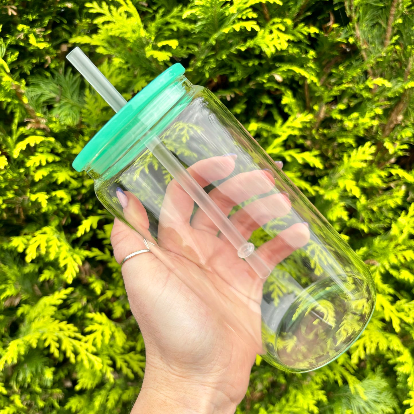 Glass 16oz Libby Can With Green Acrylic Lid