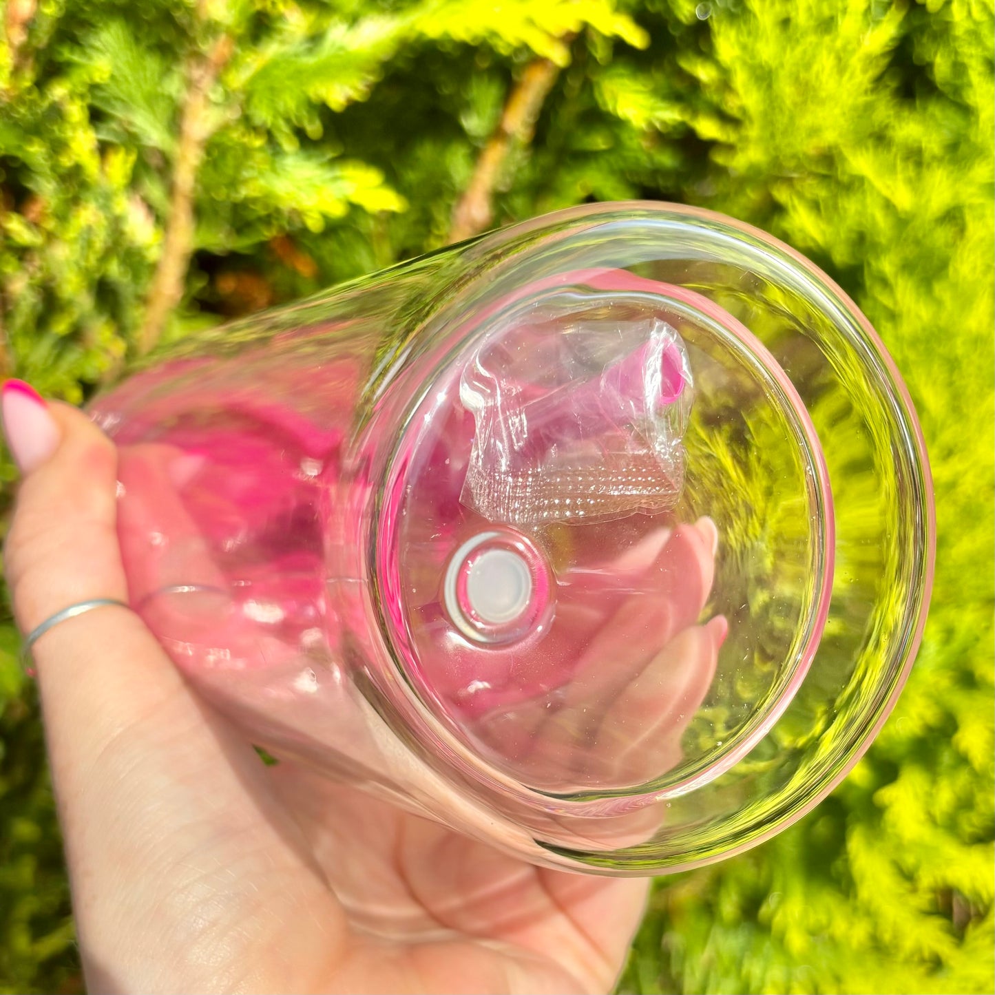 15oz Double Walled Glass Snowglobe with Hot Pink Acrylic Lid