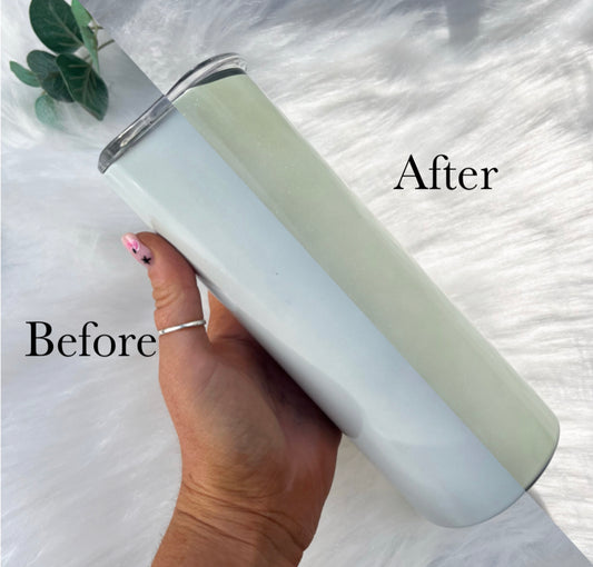 20oz Sublimation Skinny Tumbler - UV Colour Changing White to Light Green AND Glow In The Dark!