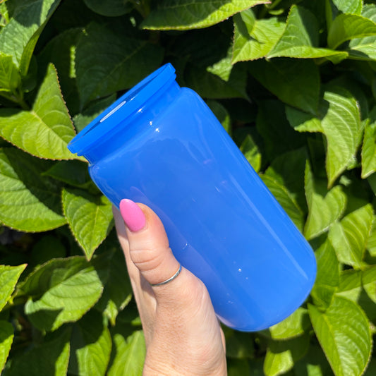 Blue 16oz Glass Libbey Can With Matching Lid