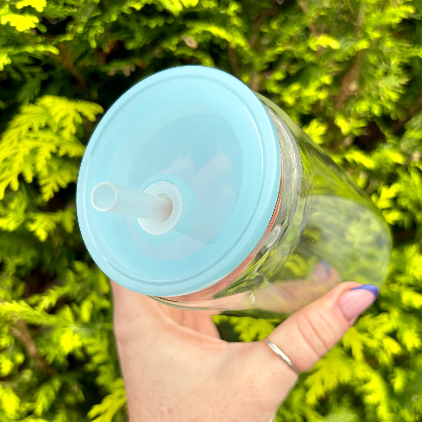 Glass 16oz Libby Can With Blue Acrylic Lid