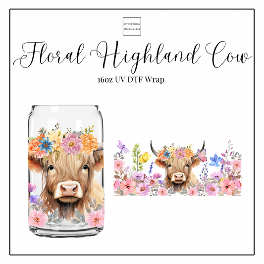 Floral Highland Cow 16oz UVDTF