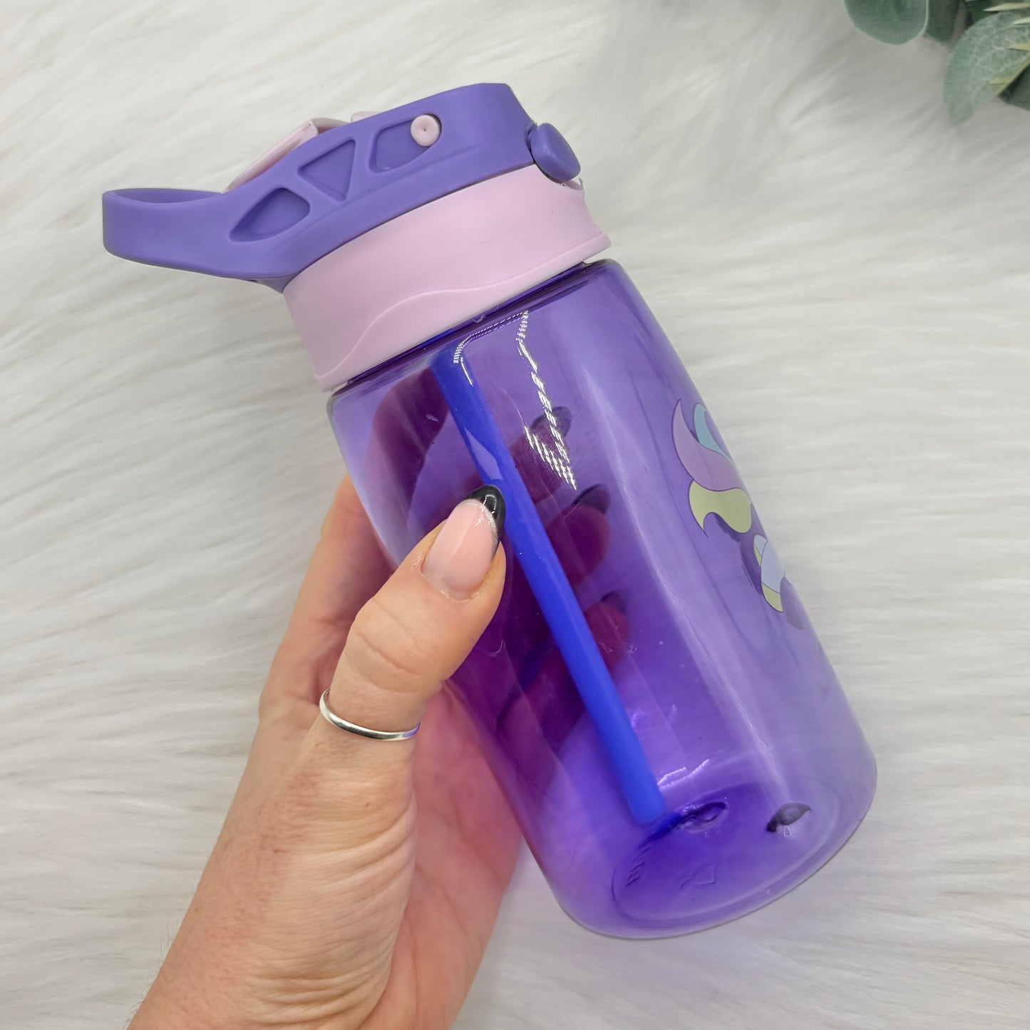 Flip Lid Plastic Water Bottle - Purple & Pink Unicorn