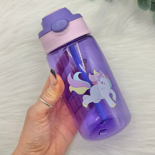Flip Lid Plastic Water Bottle - Purple & Pink Unicorn