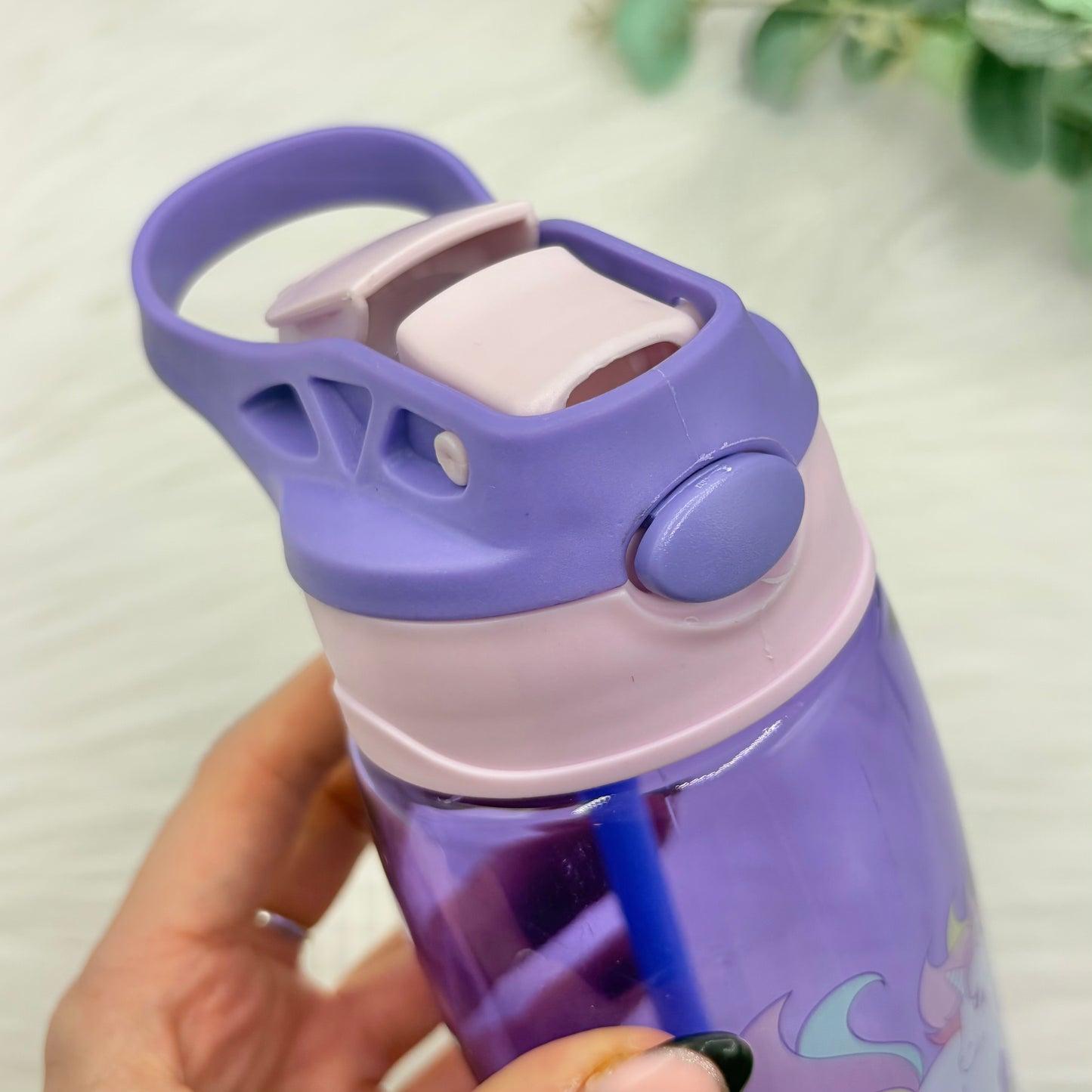 Flip Lid Plastic Water Bottle - Purple & Pink Unicorn